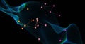 Flowing wave-like digital mesh animating data network, with connecting lines, colored node clusters Royalty Free Stock Photo