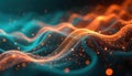 Flowing waves of glowing particles shimmer with teal and orange light. Abstract digital motion graphics create dynamic patterns Royalty Free Stock Photo