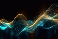 Flowing waves and sparkling lights on black background. Abstract background with blue and golden flowing lines. Moving high speed Royalty Free Stock Photo