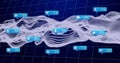 Flowing white 3D waveform mesh forming peaks across dark blue grid, showing social icons, counts Royalty Free Stock Photo