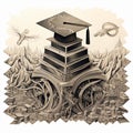 Flowing Wisdom: Graduation Cap amidst Cascading Knowledge