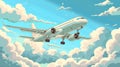 Flown in blue sky with clouds, passenger airplane flight. Concept of travel, commercial aviation, cargo delivery Royalty Free Stock Photo