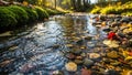 Flows through a lush woodland setting with sunlight filtering Royalty Free Stock Photo