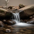 Flows over smooth rounded rocks in a tranquil setting. The water Royalty Free Stock Photo
