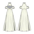 Flowy maxi dress front and back view technical drawing vector mockup template. Royalty Free Stock Photo