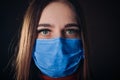 Flu cold or allergy symptom. Sick young woman sneezing in mask isolate on black background. Health care. Studio shot. Business Royalty Free Stock Photo