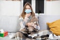 Flu, cold and treatment at home concept. Cute sick teen girl in protective face mask, sitting on sofa at home, under Royalty Free Stock Photo