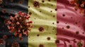 Flu coronavirus floating over Belgian flag. Belgium and pandemic Covid19. Europe