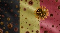 Flu coronavirus floating over Belgian flag. Belgium and pandemic Covid19. Europe Royalty Free Stock Photo