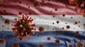 Flu coronavirus floating over Dutch flag. Netherlands and pandemic Covid 19 Royalty Free Stock Photo