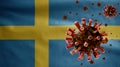Flu coronavirus floating over Swedish flag. Sweden and pandemic Covid 19 virus Royalty Free Stock Photo