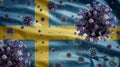 Flu coronavirus floating over Swedish flag. Sweden and pandemic Covid 19 virus Royalty Free Stock Photo