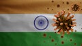 Flu coronavirus floating over Tiranga indian flag. India and pandemic Covid 19