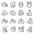 Flu disease prevention icon set vector illustration. Contains such icon as clean, cold symptoms, mask, hand washing, sore throat a Royalty Free Stock Photo