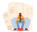 Flu and Influenza Disease Symptoms. Ill Man Soar Feet Sitting on Sofa Covered with Plaid, Character Suffering of Virus