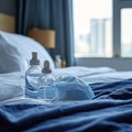 Flu protection alcohol gel and mask on bed at home Royalty Free Stock Photo
