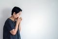 Flu senior asian woman and using tissue paper,Elderly female sneezing,Copy space for text on white background