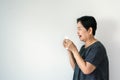Flu senior asian woman and using tissue paper,Elderly female sneezing,Copy space for text on white background