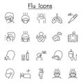 Flu, sick & illness icons set in thin line style