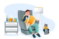 Flu sick man measures temperature. Guy and cat have autumn or winter seasonal cold infection. Vector illustration