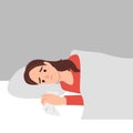 Flu sick woman lying in bed under blanket with sleeping red cat. Young girl have autumn or winter seasonal cold respiratory