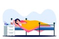 Flu sick woman lying in bed under blanket. Young girl have autumn or winter seasonal cold infection. Vector illustration