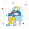 Flu and Sickness Concept. Sick Person Having Cold. Diseased Sad Man Sitting in Armchair Drinking Hot Beverage