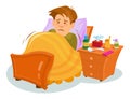 Flu sickness. Sick person having cold. Ill man headache. Medicine for the disease. Flu illness person. ÃÂ¡artoon sick man.