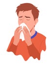 Flu symptom. Man showing cold symptom. Runny nose illness. Vector flu prevention poster Royalty Free Stock Photo