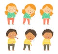 Flu symptoms fever, cough, tiredness. Cute african american boy and caucasian girl. Cartoon vector hand drawn eps 10