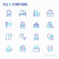 Flu and symptoms thin line icons set