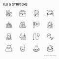 Flu and symptoms thin line icons set