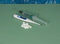 Flu. Syringe tablets and thermometer. Royalty Free Stock Photo