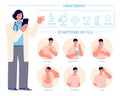 Flu treatment. Cough medicine, influenza symptom infographic. Seasonal sick, doctor indicate on treatments and symptoms