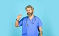 Flu vaccine. Bearded doctor wear uniform use syringe needle vaccination. Dose injection. Medical injection. Vaccine