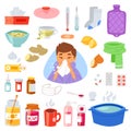 Flu vector sick character with fever and illness and sneezing nose illustration set of sickness and medical treatment