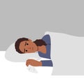 Flu woman lying in bed under blanket with sleeping red cat. Young girl have autumn or winter seasonal cold respiratory infection