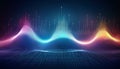 fluctuating vibrant glowing digital waveforms on a black grid background Royalty Free Stock Photo