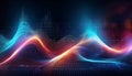 fluctuating vibrant glowing digital waveforms on a black grid background Royalty Free Stock Photo