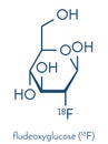 Fludeoxyglucose 18F fluorodeoxyglucose 18F, FDG cancer imaging diagnostic drug molecule. Contains radioactive isotope fluorine-.