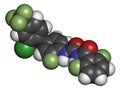 Flufenoxuron insecticide molecule. 3D rendering. Atoms are represented as spheres with conventional color coding: hydrogen white.