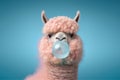 Fluffy adorable lama blowing bubblegum. Generative ai Royalty Free Stock Photo