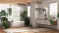 Fluffy airy dandelion with blowing seeds spores modern bathroom with bathtub and many houseplants. Interior design idea. Change,