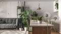 Fluffy airy dandelion with blowing seeds spores over cosy sustainable dining and living room with houseplants. Interior design