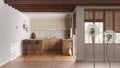 Fluffy airy dandelion with blowing seeds spores over farmhouse wooden kitchen with island. Interior design idea. Change, growth,