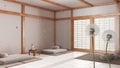 Fluffy airy dandelion with blowing seeds spores over japandi meditation room, open space. Interior design idea. Change, growth,