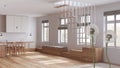 Fluffy airy dandelion with blowing seeds spores over minimal dining room and kitchen with staircase. Interior design idea. Change