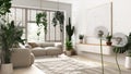 Fluffy airy dandelion with blowing seeds spores over minimal white living room with houseplants. Interior design idea. Change,