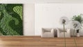 Fluffy airy dandelion with blowing seeds spores over sitting waiting room with vertical garden. Interior design idea. Change,