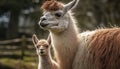 Fluffy alpaca grazes in green meadow, cute portrait generated by AI